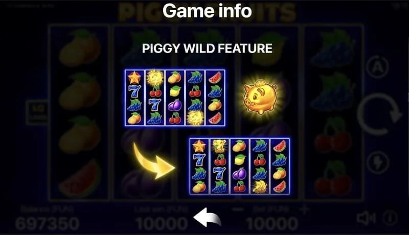 Piggy Fruits – herná obrazovka s mriežkou 5x4 a ovocnými symbolmi